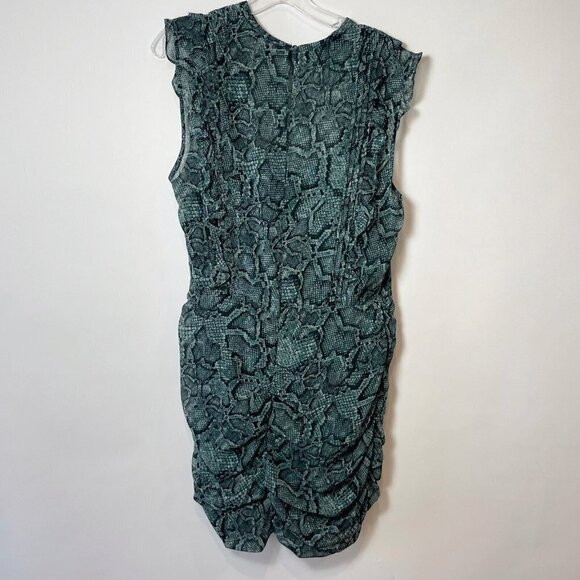 1. State Sleeveless Snake Print Ruched Ruffle Mini Dress Blue 12 Keyhole Back - Picture 7 of 11